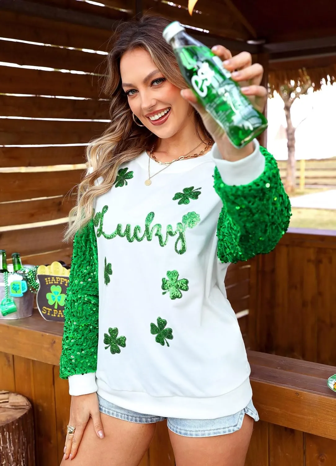 For G and PL Women's St Patricks Sequin Long Sleeve Sweatshirts Crewneck Irish Tops