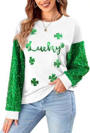 For G and PL Women's St Patricks Sequin Long Sleeve Sweatshirts Crewneck Irish Tops