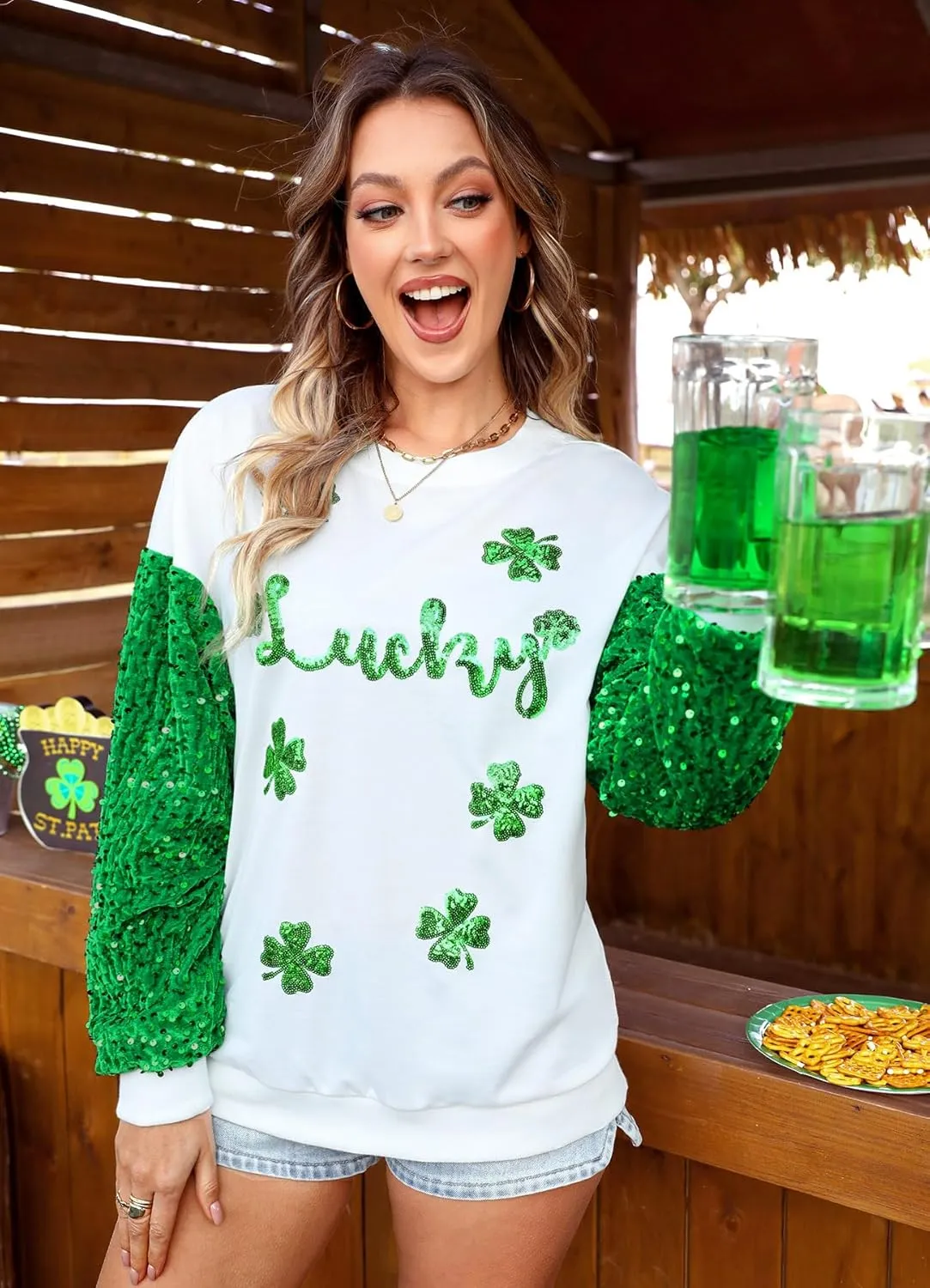 For G and PL Women's St Patricks Sequin Long Sleeve Sweatshirts Crewneck Irish Tops
