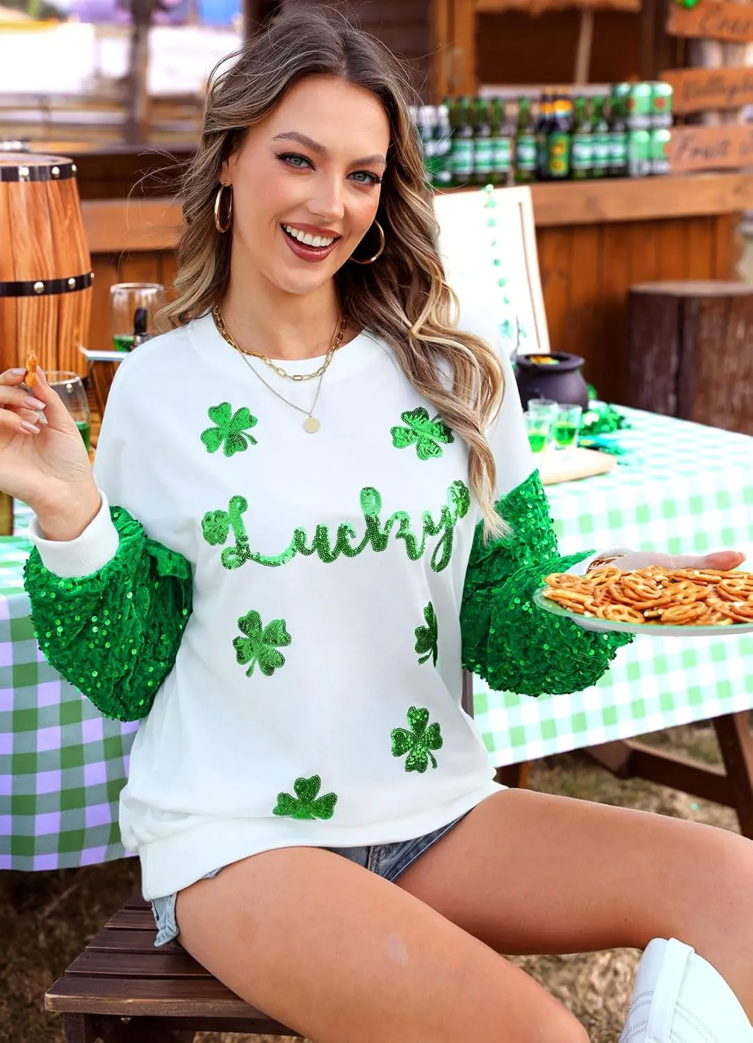 For G and PL Women's St Patricks Sequin Long Sleeve Sweatshirts Crewneck Irish Tops