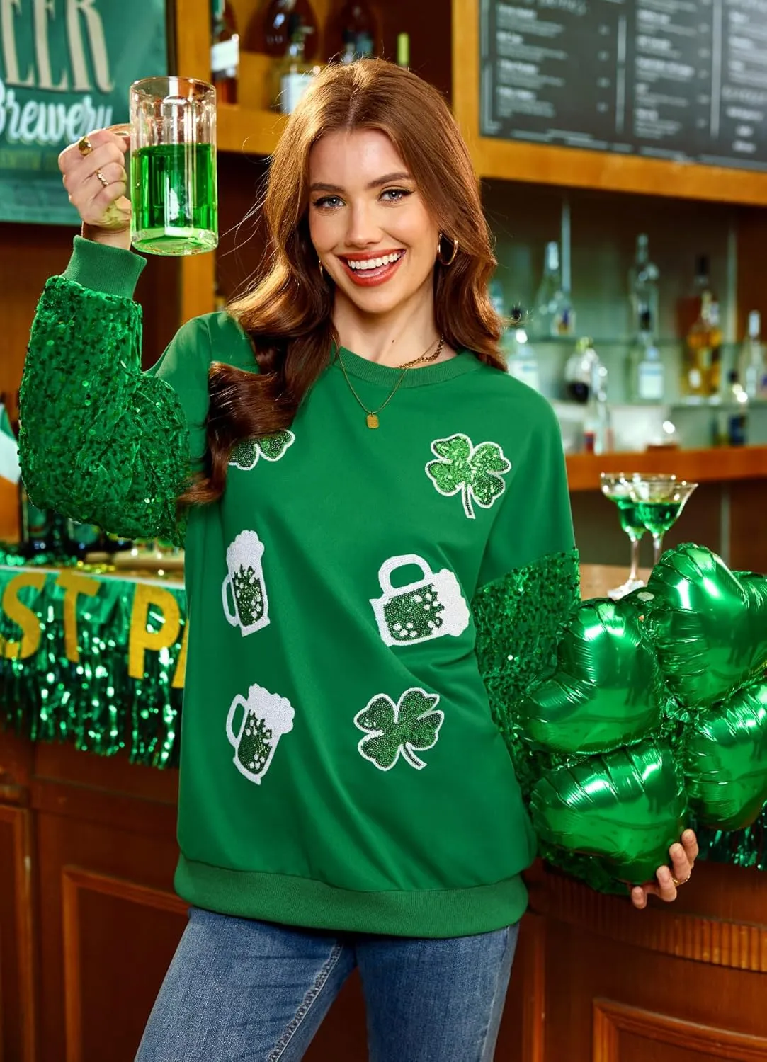 For G and PL Women's St Patricks Sequin Long Sleeve Sweatshirts Crewneck Irish Tops