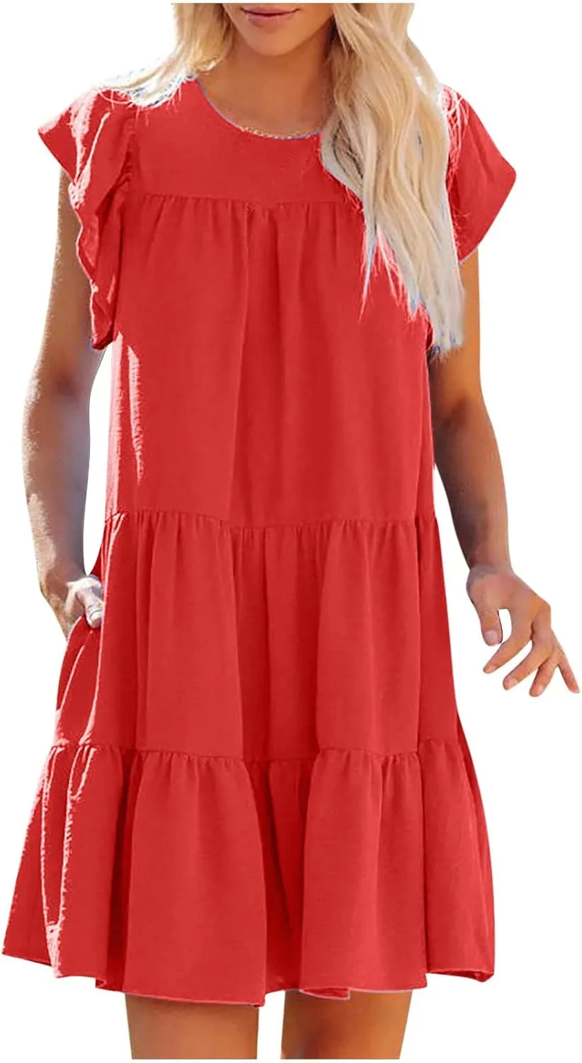 FZYLQY Summer Casual Dresses for Womens Petal Sleeves Cute Shift Tunic Dress Pleated Swing Babydoll Juniors Mini Loose Dress