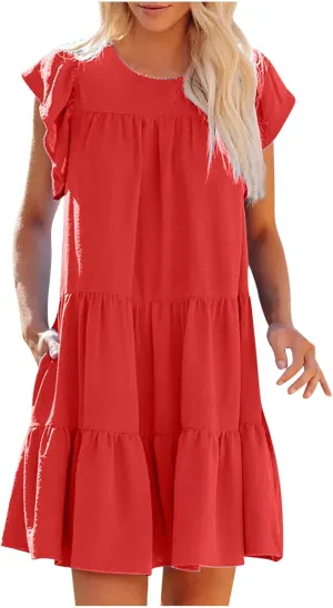 FZYLQY Summer Casual Dresses for Womens Petal Sleeves Cute Shift Tunic Dress Pleated Swing Babydoll Juniors Mini Loose Dress