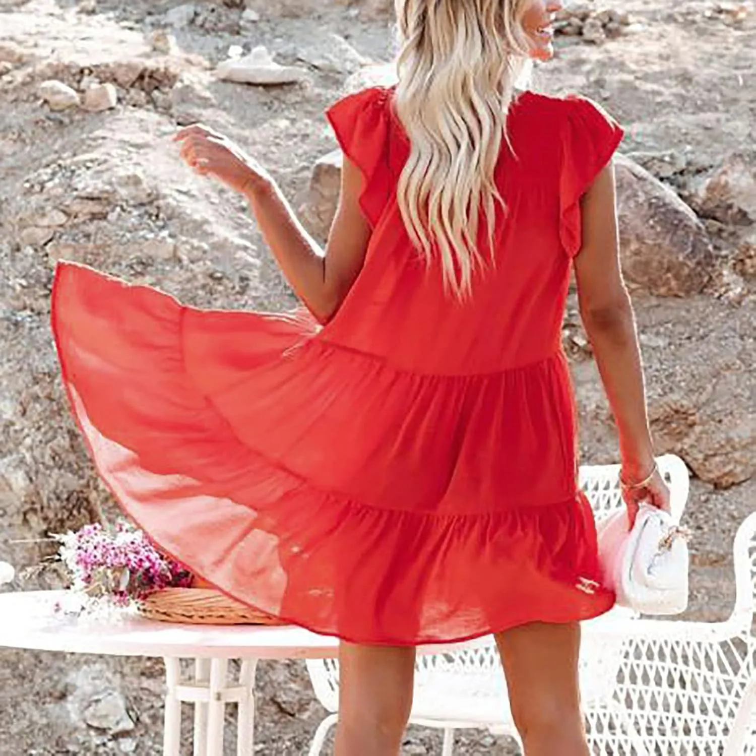 FZYLQY Summer Casual Dresses for Womens Petal Sleeves Cute Shift Tunic Dress Pleated Swing Babydoll Juniors Mini Loose Dress