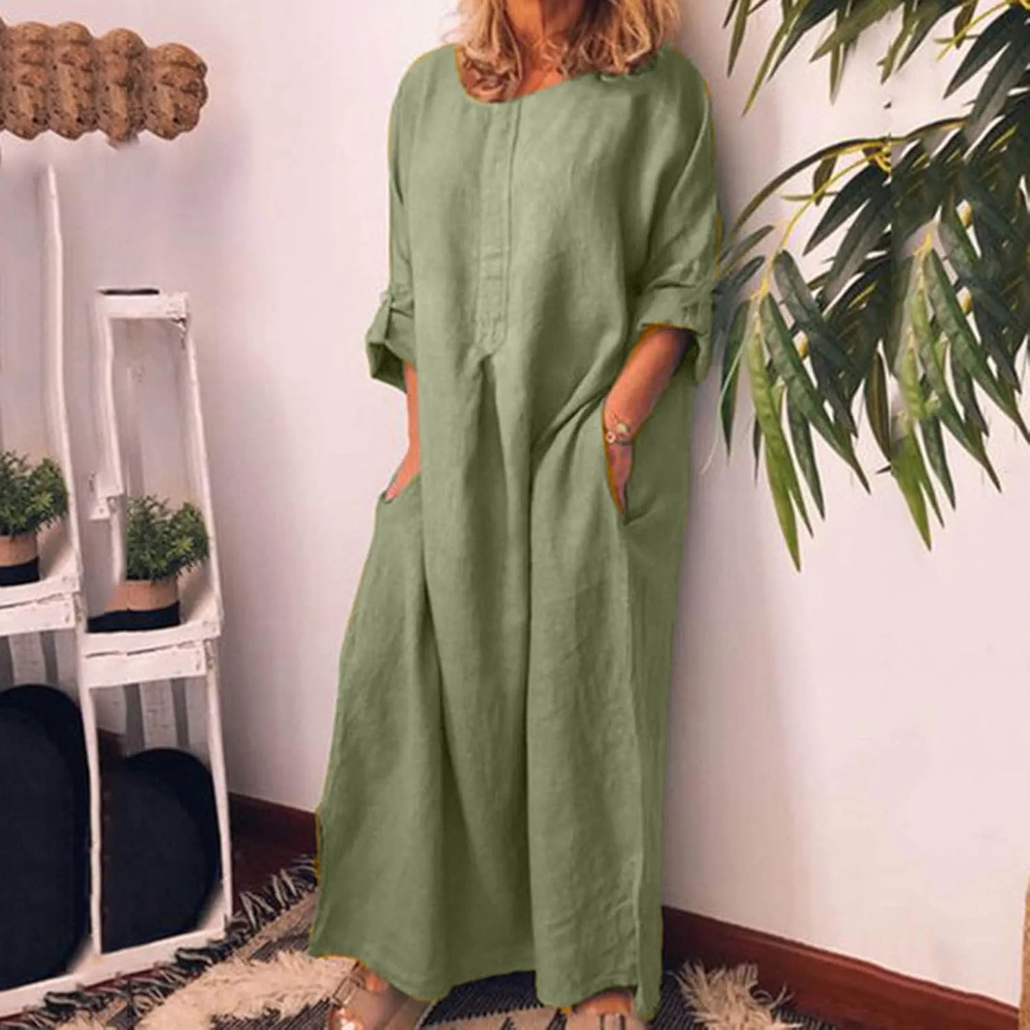 FZYLQY Womens Summer Dresses Crew Neck Half Sleeve Cotton Linen Dress Trendy Loose Fit Sundress Casual Maxi Dress with Pokets