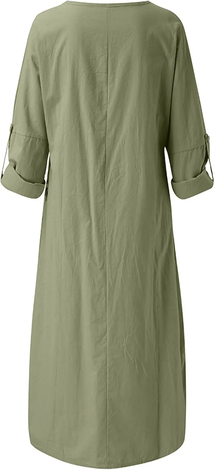 FZYLQY Womens Summer Dresses Crew Neck Half Sleeve Cotton Linen Dress Trendy Loose Fit Sundress Casual Maxi Dress with Pokets