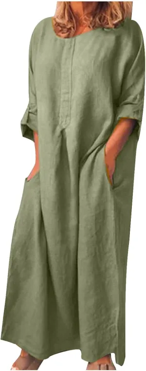 FZYLQY Womens Summer Dresses Crew Neck Half Sleeve Cotton Linen Dress Trendy Loose Fit Sundress Casual Maxi Dress with Pokets