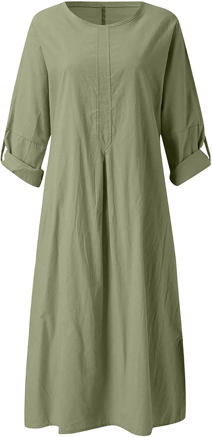 FZYLQY Womens Summer Dresses Crew Neck Half Sleeve Cotton Linen Dress Trendy Loose Fit Sundress Casual Maxi Dress with Pokets