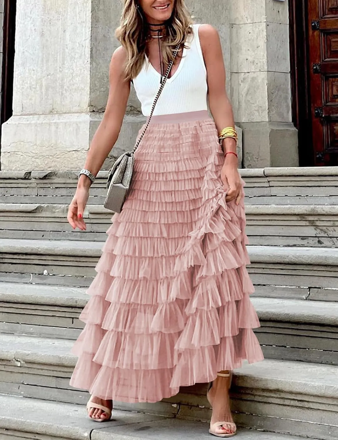 Gihuo Women's Long Maxi Tulle Skirts A Line High Waisted Tiered Layered Midi Skirt Mesh Ruffle Tutu Petticoat