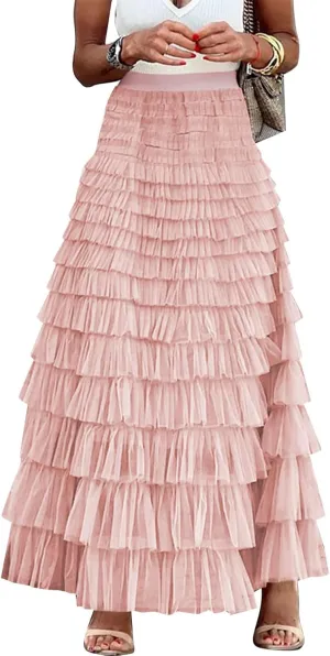 Gihuo Women's Long Maxi Tulle Skirts A Line High Waisted Tiered Layered Midi Skirt Mesh Ruffle Tutu Petticoat