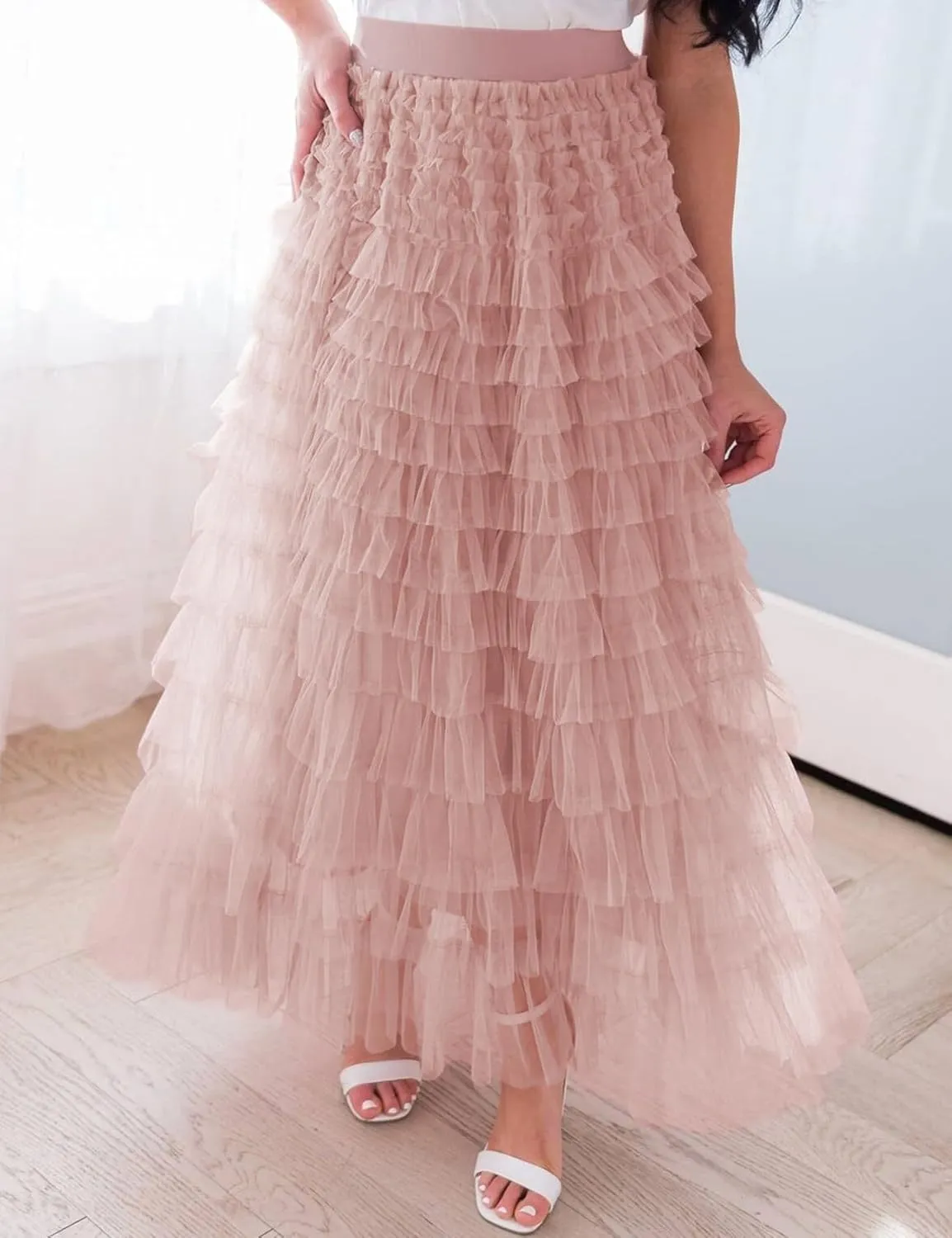 Gihuo Women's Long Maxi Tulle Skirts A Line High Waisted Tiered Layered Midi Skirt Mesh Ruffle Tutu Petticoat