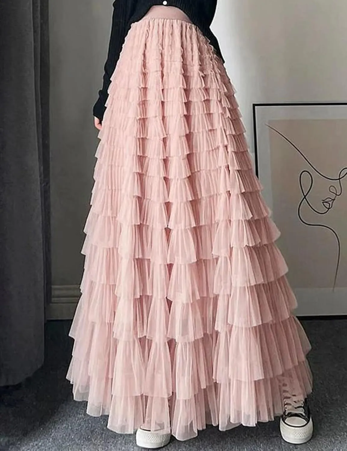 Gihuo Women's Long Maxi Tulle Skirts A Line High Waisted Tiered Layered Midi Skirt Mesh Ruffle Tutu Petticoat