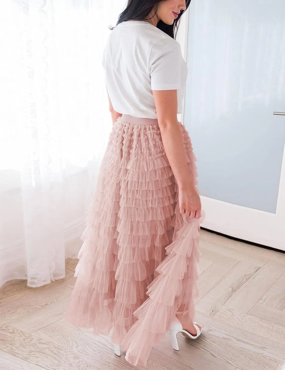 Gihuo Women's Long Maxi Tulle Skirts A Line High Waisted Tiered Layered Midi Skirt Mesh Ruffle Tutu Petticoat