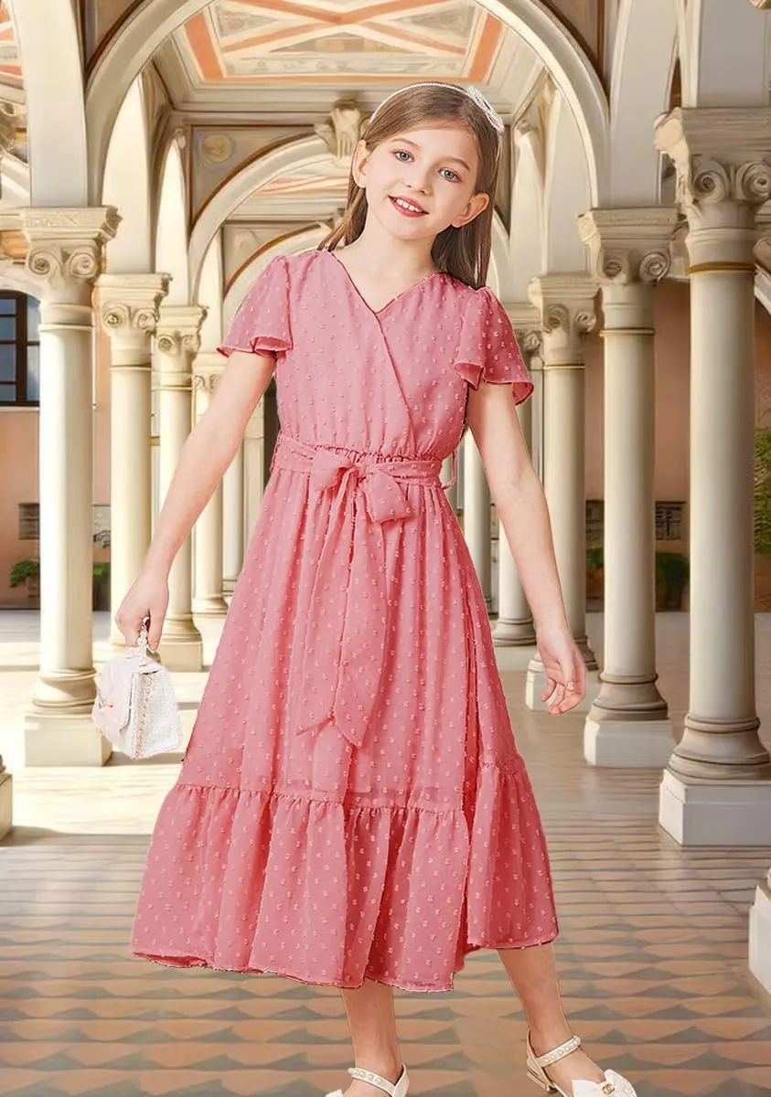 Girls Bohemian Dresses Flying Cap Sleeve V Neck Belt Calf Long Maxi Pleated Flowy Dresses for Girls