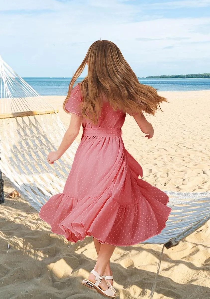 Girls Bohemian Dresses Flying Cap Sleeve V Neck Belt Calf Long Maxi Pleated Flowy Dresses for Girls