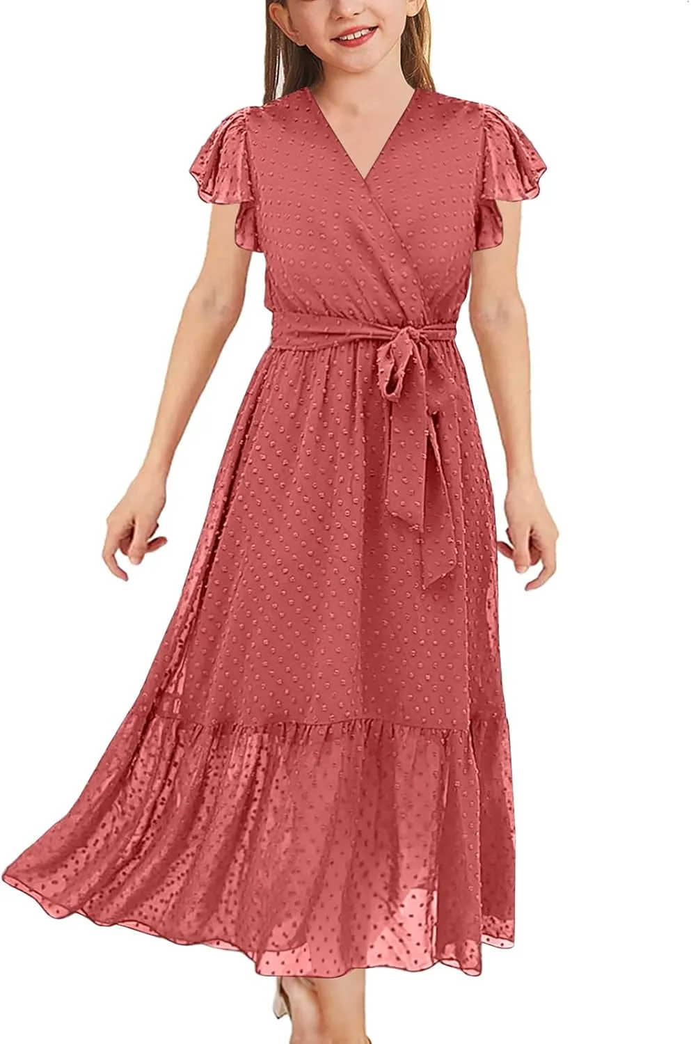 Girls Bohemian Dresses Flying Cap Sleeve V Neck Belt Calf Long Maxi Pleated Flowy Dresses for Girls