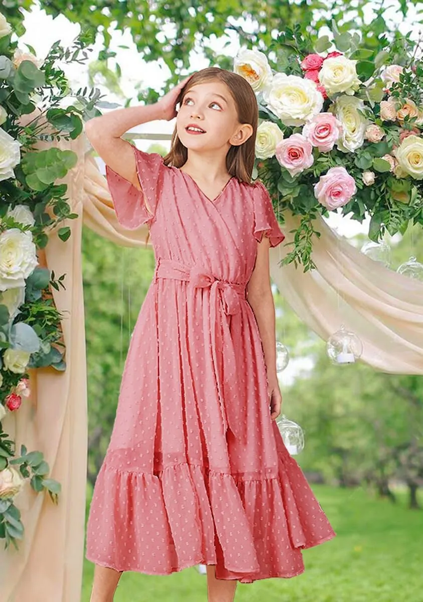Girls Bohemian Dresses Flying Cap Sleeve V Neck Belt Calf Long Maxi Pleated Flowy Dresses for Girls