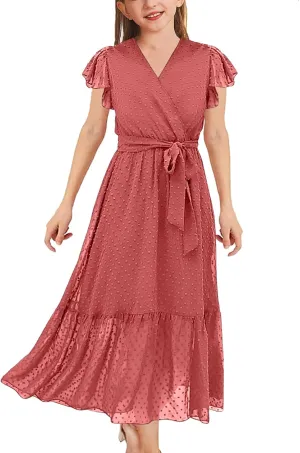Girls Bohemian Dresses Flying Cap Sleeve V Neck Belt Calf Long Maxi Pleated Flowy Dresses for Girls