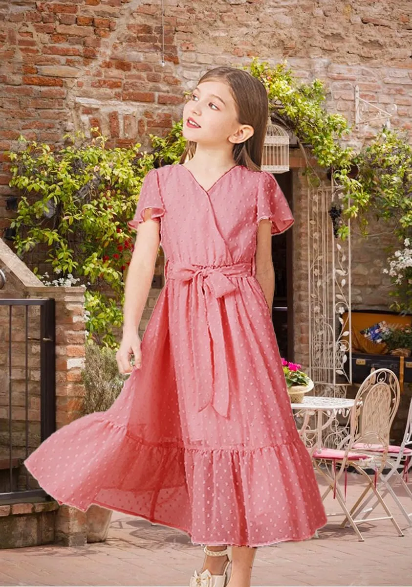 Girls Bohemian Dresses Flying Cap Sleeve V Neck Belt Calf Long Maxi Pleated Flowy Dresses for Girls