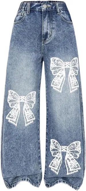 Girl's Y2k Bow Print Baggy Jeans Wide Leg High Waisted Denim Pants