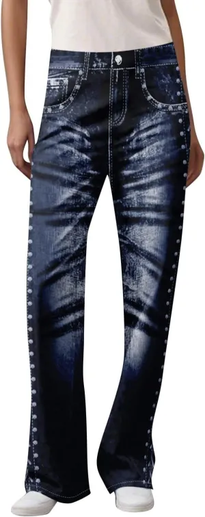 GOFULY French Terry Sweatpants That Look Like Jeans,Denim Print Wide Leg Pants Stretchy Elastic Waisted Sweatpants Casual