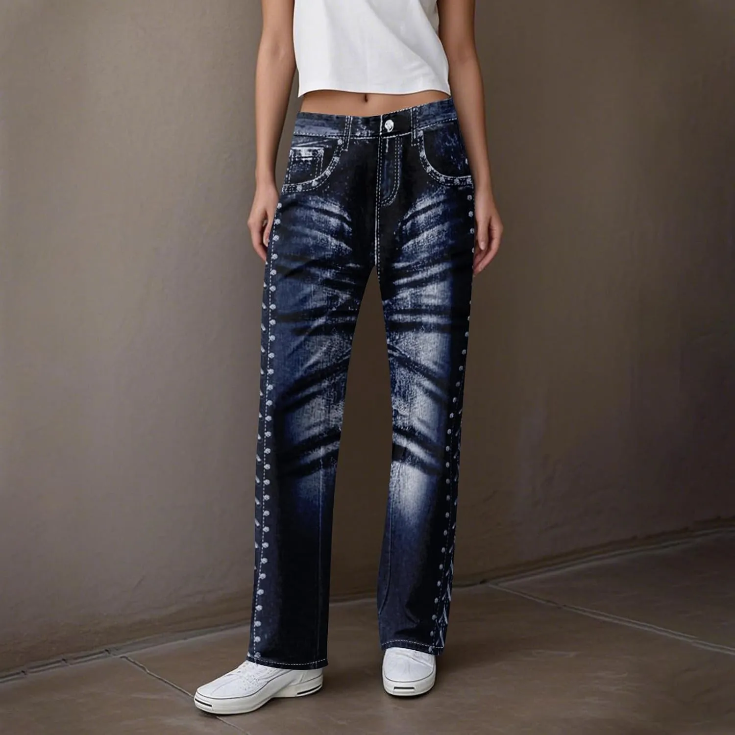 GOFULY French Terry Sweatpants That Look Like Jeans,Denim Print Wide Leg Pants Stretchy Elastic Waisted Sweatpants Casual