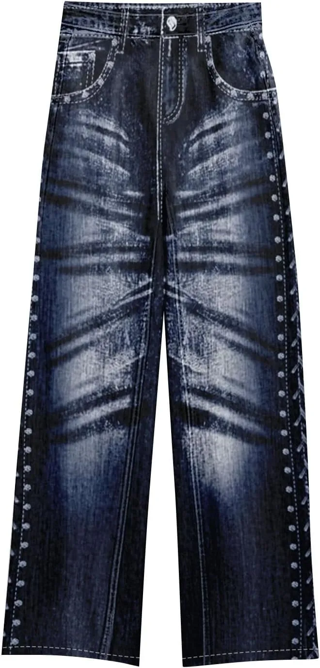 GOFULY French Terry Sweatpants That Look Like Jeans,Denim Print Wide Leg Pants Stretchy Elastic Waisted Sweatpants Casual