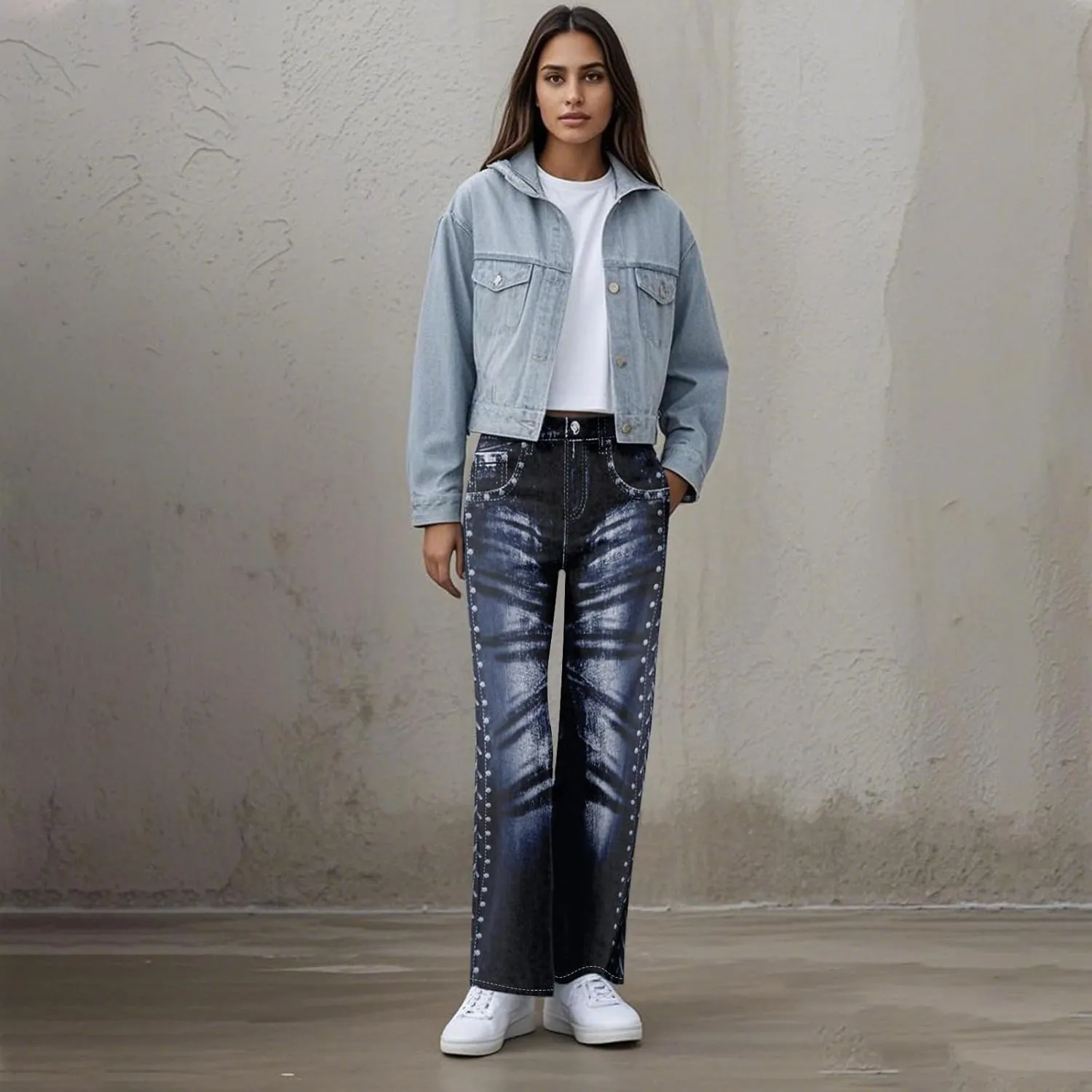 GOFULY French Terry Sweatpants That Look Like Jeans,Denim Print Wide Leg Pants Stretchy Elastic Waisted Sweatpants Casual