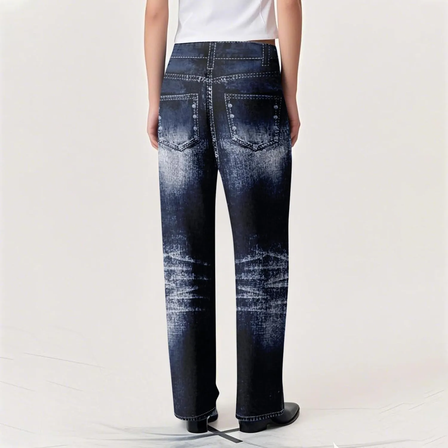 GOFULY French Terry Sweatpants That Look Like Jeans,Denim Print Wide Leg Pants Stretchy Elastic Waisted Sweatpants Casual