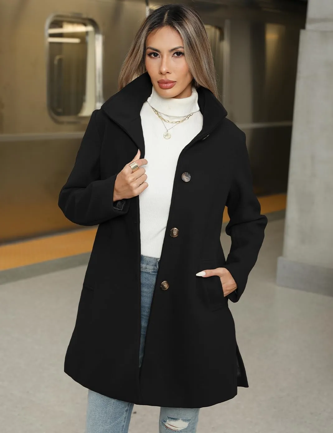 Haellun Women's Notch Lapel Winter Wool Coat Stand Collar Single Breasted Pea Coat Short Funnel Coat