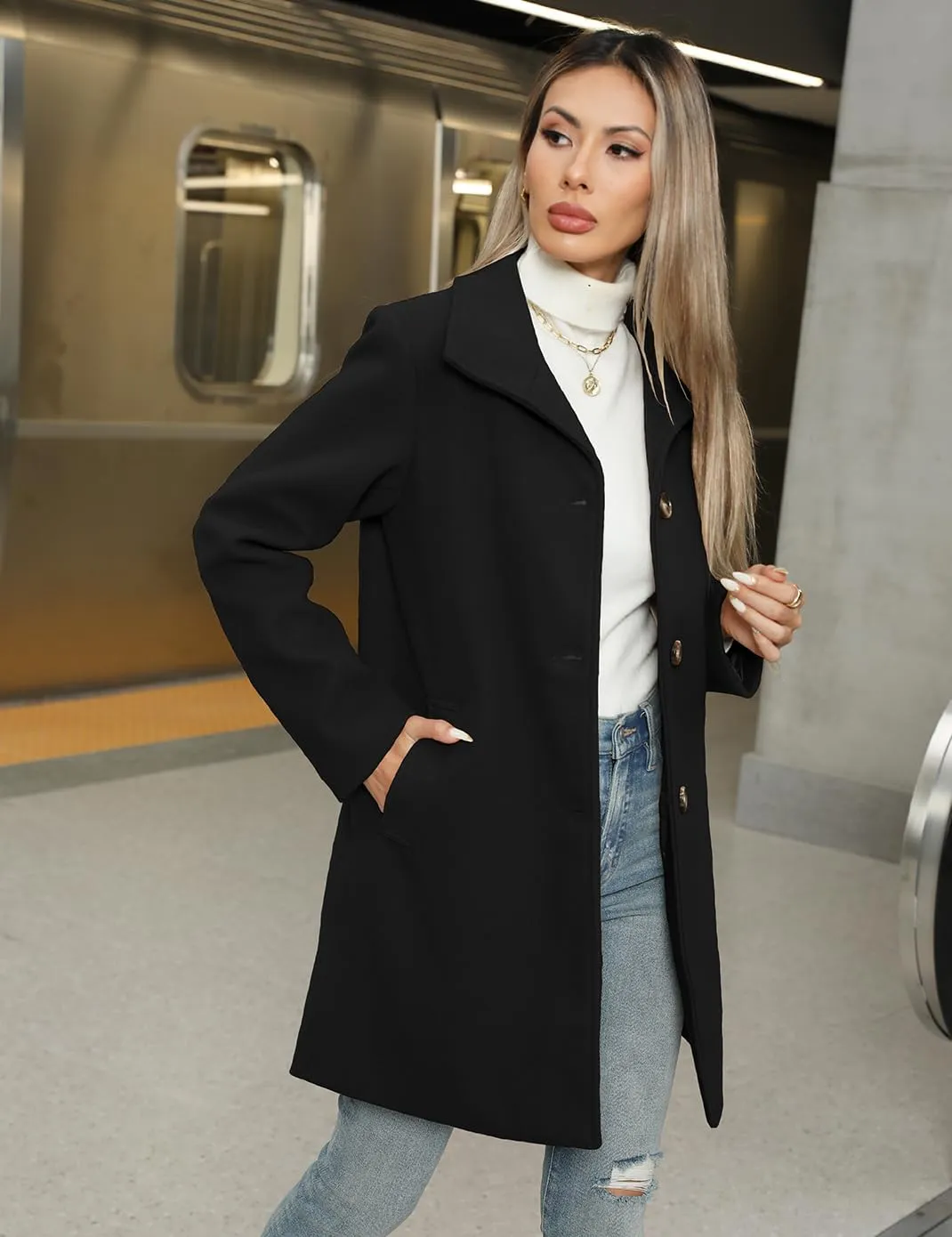 Haellun Women's Notch Lapel Winter Wool Coat Stand Collar Single Breasted Pea Coat Short Funnel Coat