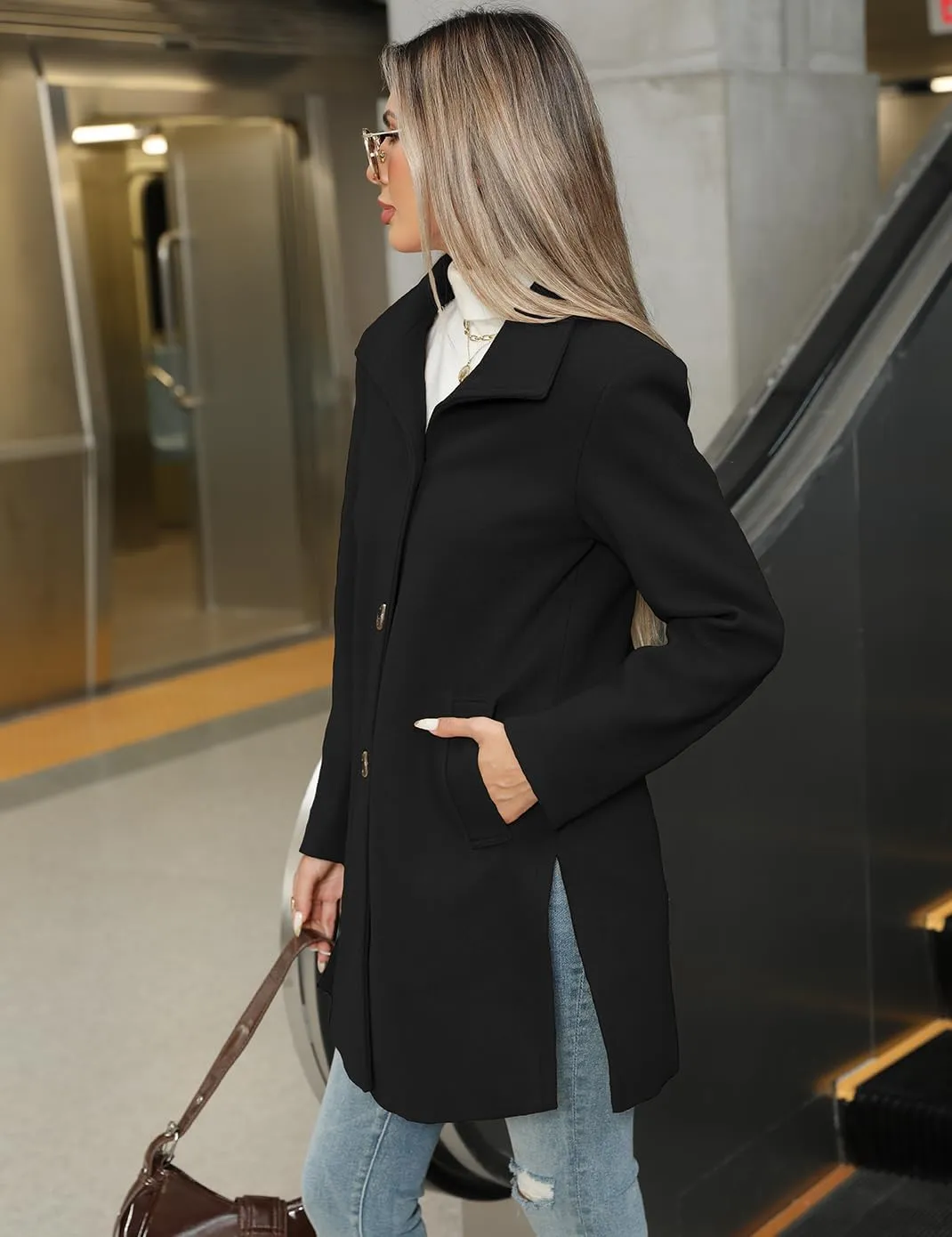Haellun Women's Notch Lapel Winter Wool Coat Stand Collar Single Breasted Pea Coat Short Funnel Coat