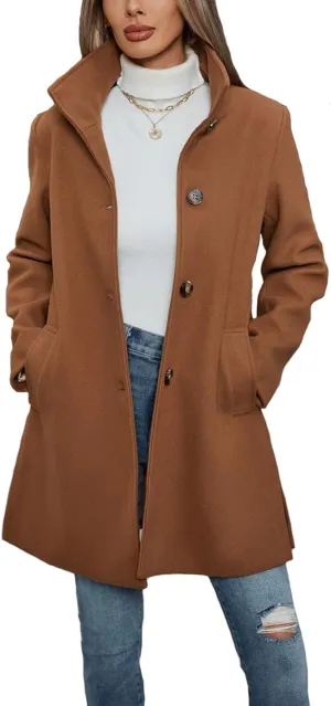 Haellun Women's Notch Lapel Winter Wool Coat Stand Collar Single Breasted Pea Coat Short Funnel Coat