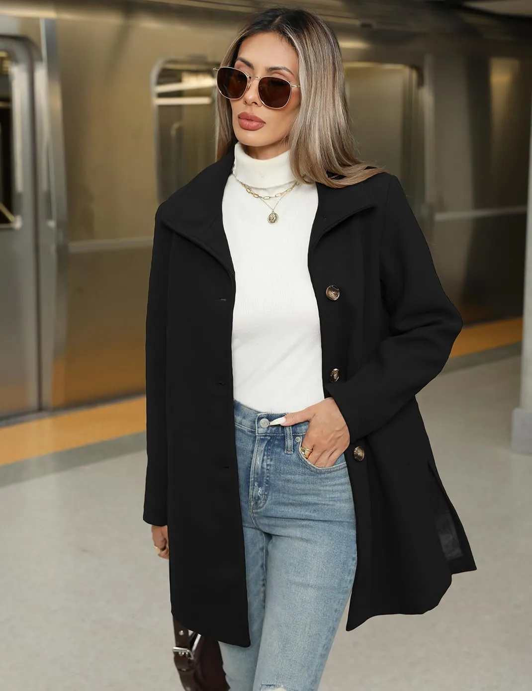 Haellun Women's Notch Lapel Winter Wool Coat Stand Collar Single Breasted Pea Coat Short Funnel Coat