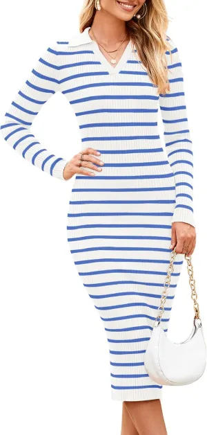 HAEOF Women's 2024 Long Sleeve Trendy Striped Sweater Dress Fall Casual Ribbed Knit V Neck Slim Fit Party Formal Midi Dresses