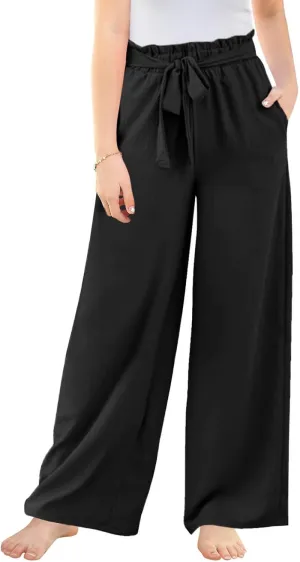 Haloumoning Girls Wide Leg Pants High Elastic Smocked Waist Casual Flowy Cute Long Trousers
