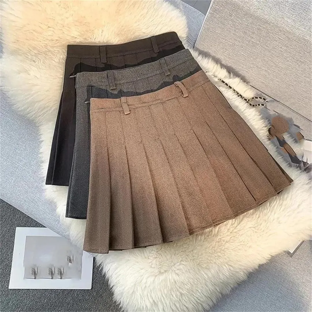 High Waist Pleated Skirts Women Fall Winter Thick Solid Mini Tennis Skirt