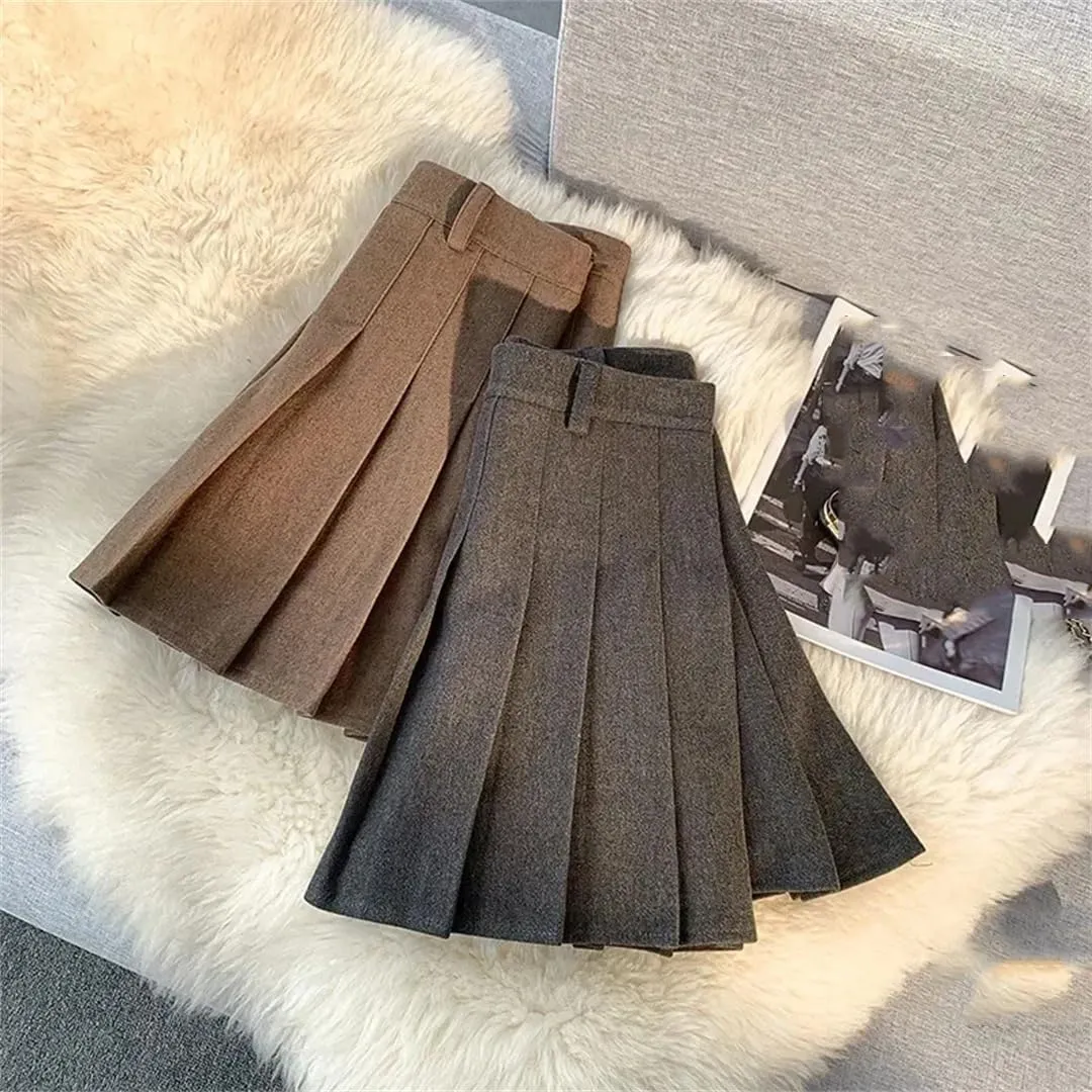 High Waist Pleated Skirts Women Fall Winter Thick Solid Mini Tennis Skirt