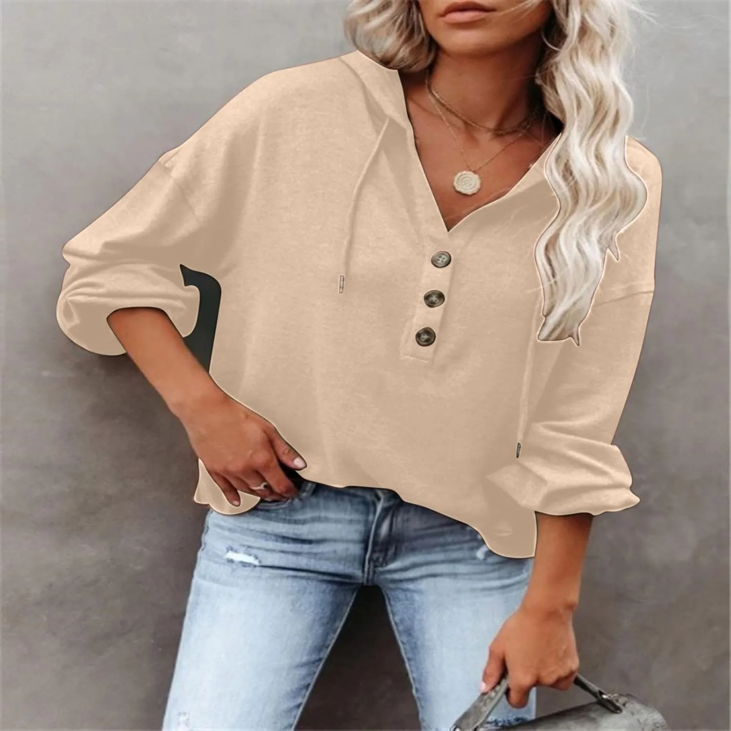 Hoodies for Women Drawstring Button V Neck Long Sleeve Casual Pullover Sweatshirt Hooded Office Work Fall Tops 2024