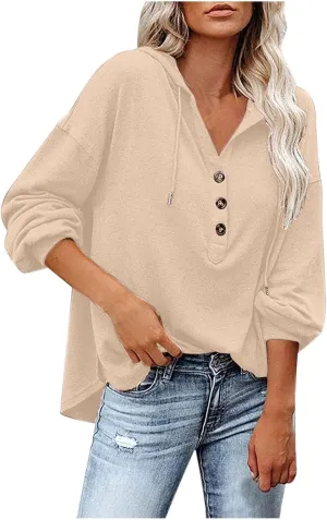 Hoodies for Women Drawstring Button V Neck Long Sleeve Casual Pullover Sweatshirt Hooded Office Work Fall Tops 2024
