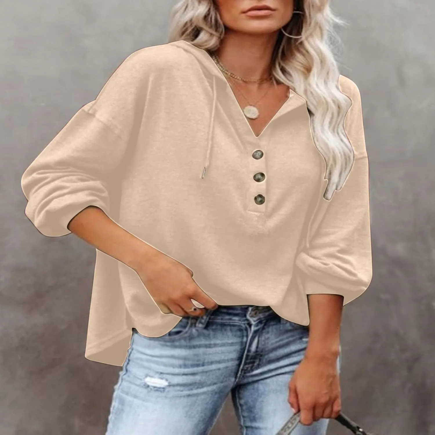 Hoodies for Women Drawstring Button V Neck Long Sleeve Casual Pullover Sweatshirt Hooded Office Work Fall Tops 2024