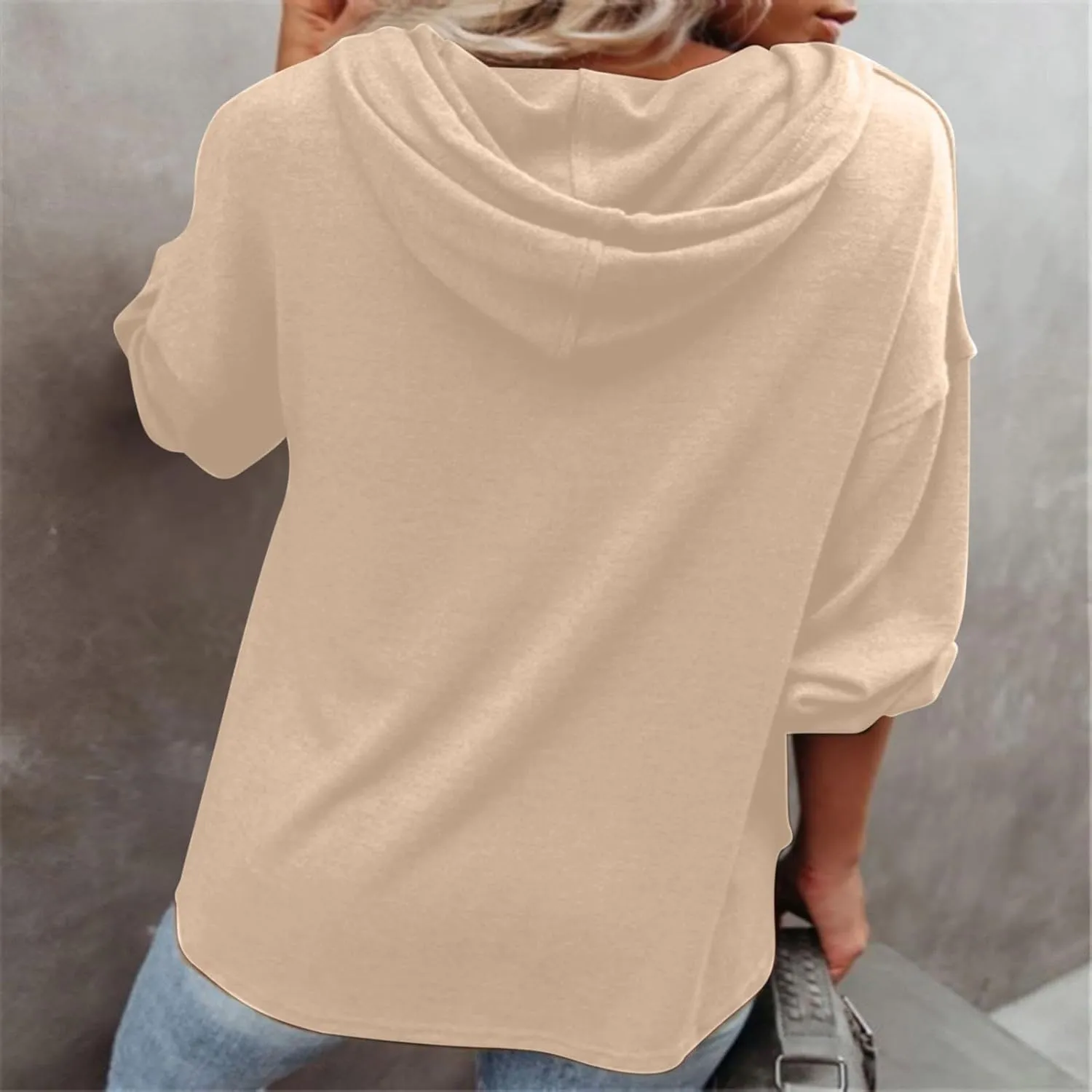 Hoodies for Women Drawstring Button V Neck Long Sleeve Casual Pullover Sweatshirt Hooded Office Work Fall Tops 2024