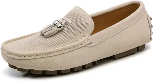 HOOENG Driving Moccasins for Men Genuine Leather Stitching Details Round Toe Tassel Suede Vamp Perforated Flexible Lightweight Flat Heel Driving Slip On (Color : Khaki, Size : 9)