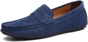 HOOENG Driving Moccasins Loafer Shoes for Men Genuine Leather Round Toe Stitching Details Suede Vamp Rubber Sole Penny Loafer Lightweight Anti-Slip Outdoor (Color : Deep Blue, Size : 7.5)