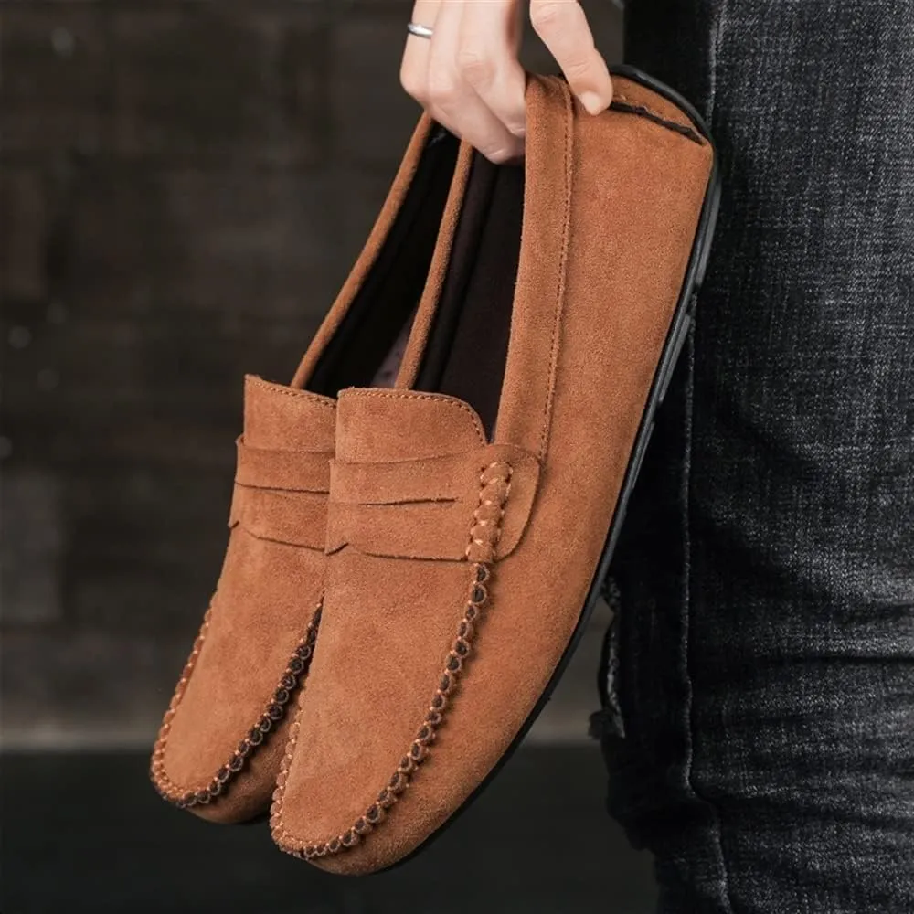 HOOENG Loafers for Men Genuine Leather Round Toe Suede Vamp Penny Loafer Flat Heel Comfortable Lightweight Walking Party Slip-on