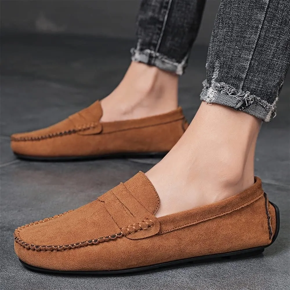 HOOENG Loafers for Men Genuine Leather Round Toe Suede Vamp Penny Loafer Flat Heel Comfortable Lightweight Walking Party Slip-on