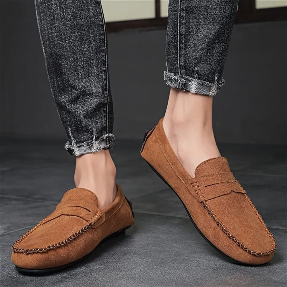 HOOENG Loafers for Men Genuine Leather Round Toe Suede Vamp Penny Loafer Flat Heel Comfortable Lightweight Walking Party Slip-on
