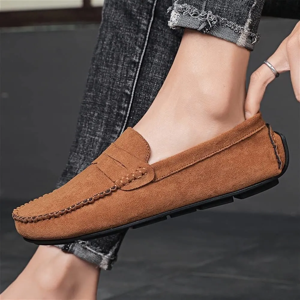 HOOENG Loafers for Men Genuine Leather Round Toe Suede Vamp Penny Loafer Flat Heel Comfortable Lightweight Walking Party Slip-on