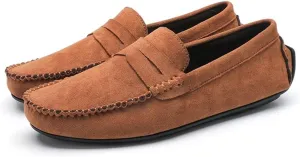 HOOENG Loafers for Men Genuine Leather Round Toe Suede Vamp Penny Loafer Flat Heel Comfortable Lightweight Walking Party Slip-on