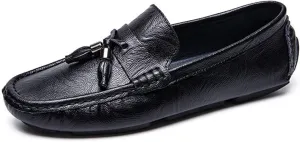 HOOENG Loafers Loafer Shoes Driving Moccasins for Men Tassel Genuine Leather Round Toe Stitching Details Flat Heel Resistant Soft Flexible Comfortable Walking (Color : Black, Size : 9)